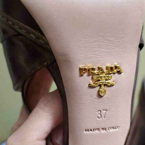 Prada | Brown Vit Shine Leather Platform Slingback Strappy Heels Sz 37 - Picture 11 of 13